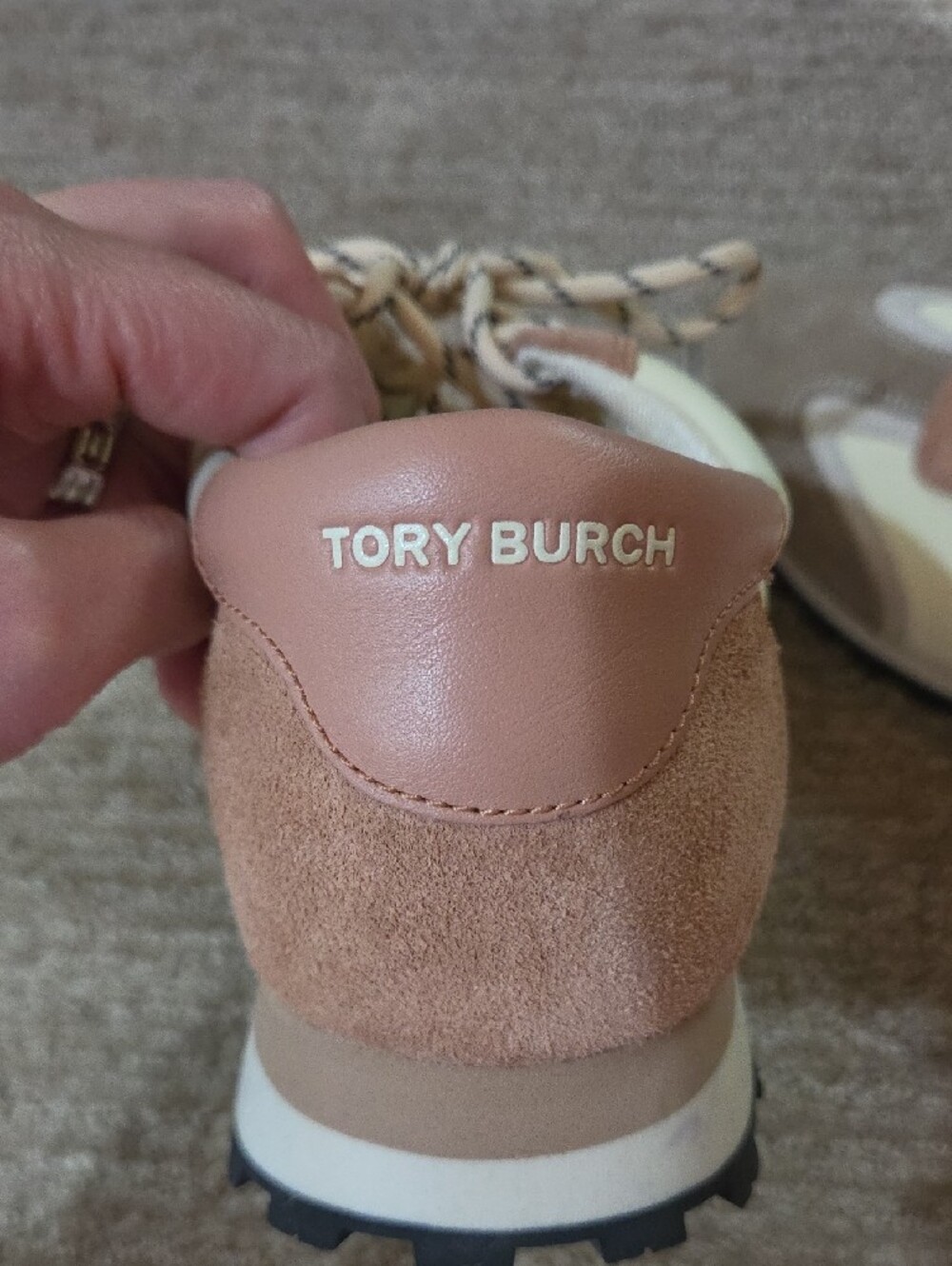 Tory Burch Vintage Nylon Cream and Dusty Rose Suede-Trim Sneakers - Picture 4 of 9